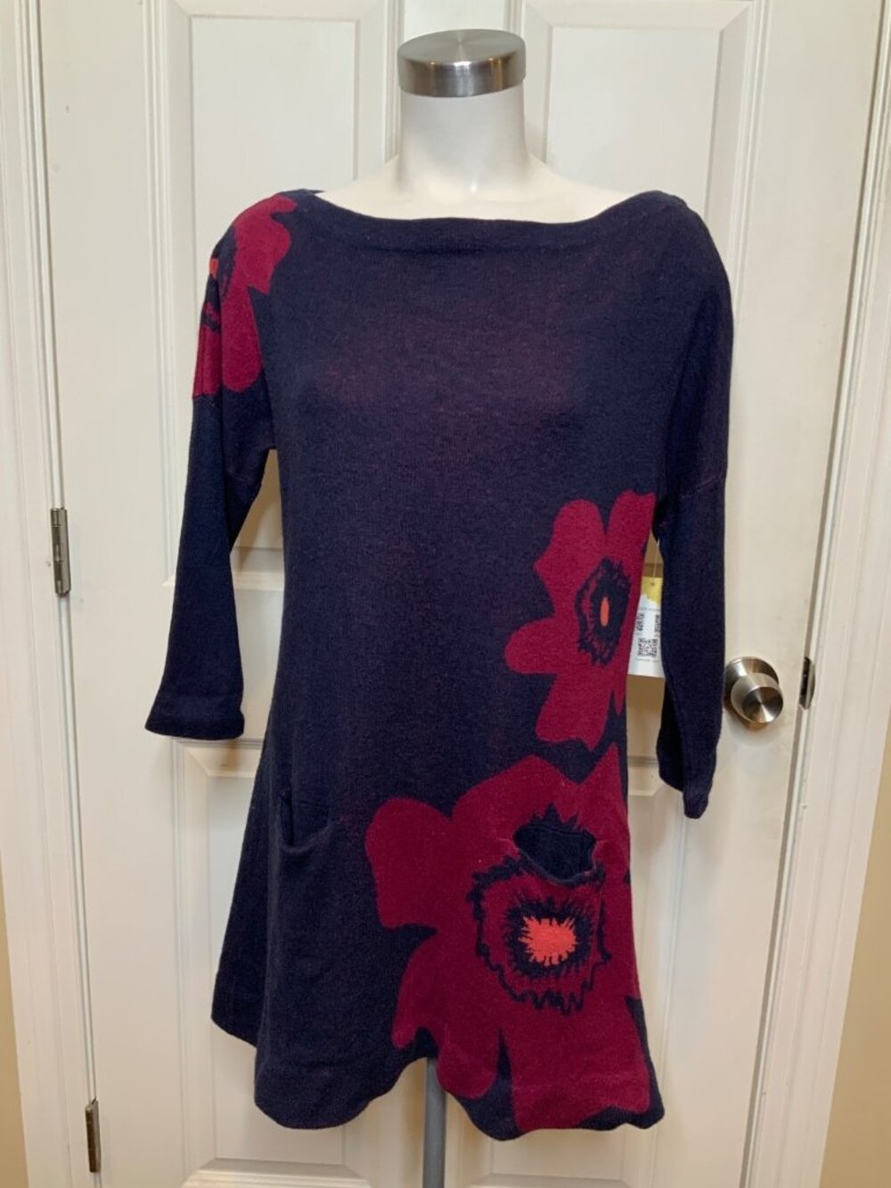 Field Flower Anthropologie Purple Floral Cotton Boat Neck Sweater, Size M